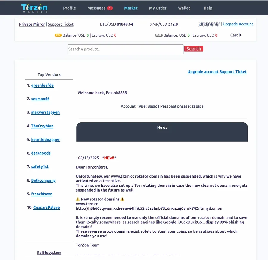 Torzon market darknet interface screenshot from April 2026